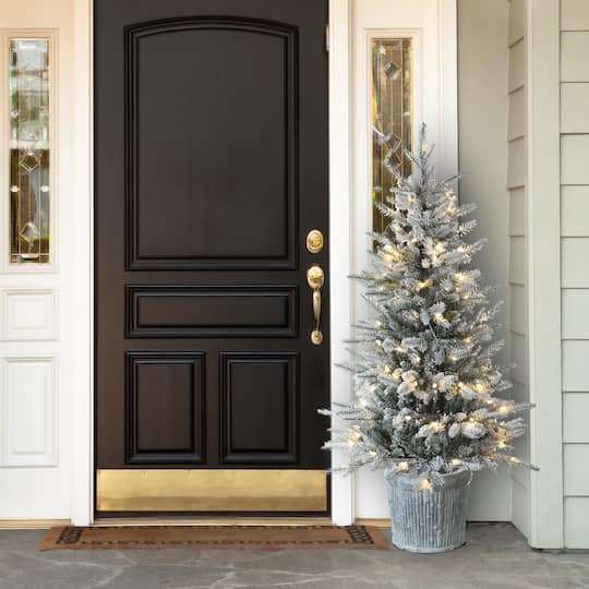 4.5ft. Pre-Lit Flocked Alpine Fir Entrance Tree In Gray Pot, Clear LED Lights